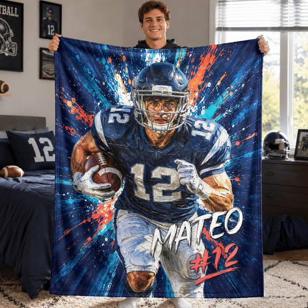 Personalized Oil Painting Style Sport Portrait Soft Blanket with Name and Number Birthday Game Day Gift for Sports Lover Kid Teenager