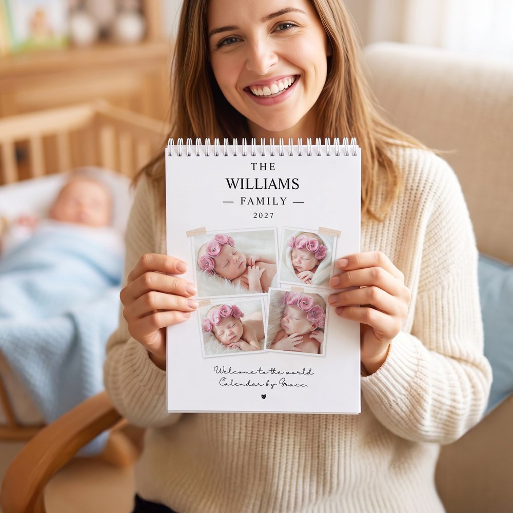 Calendario 2027-2028 con fotos familiares personalizadas y llenas de significado, con texto, para decorar el día a día; recuerdo ideal como regalo de Navidad o de cumpleaños para la familia y los recién casados 5