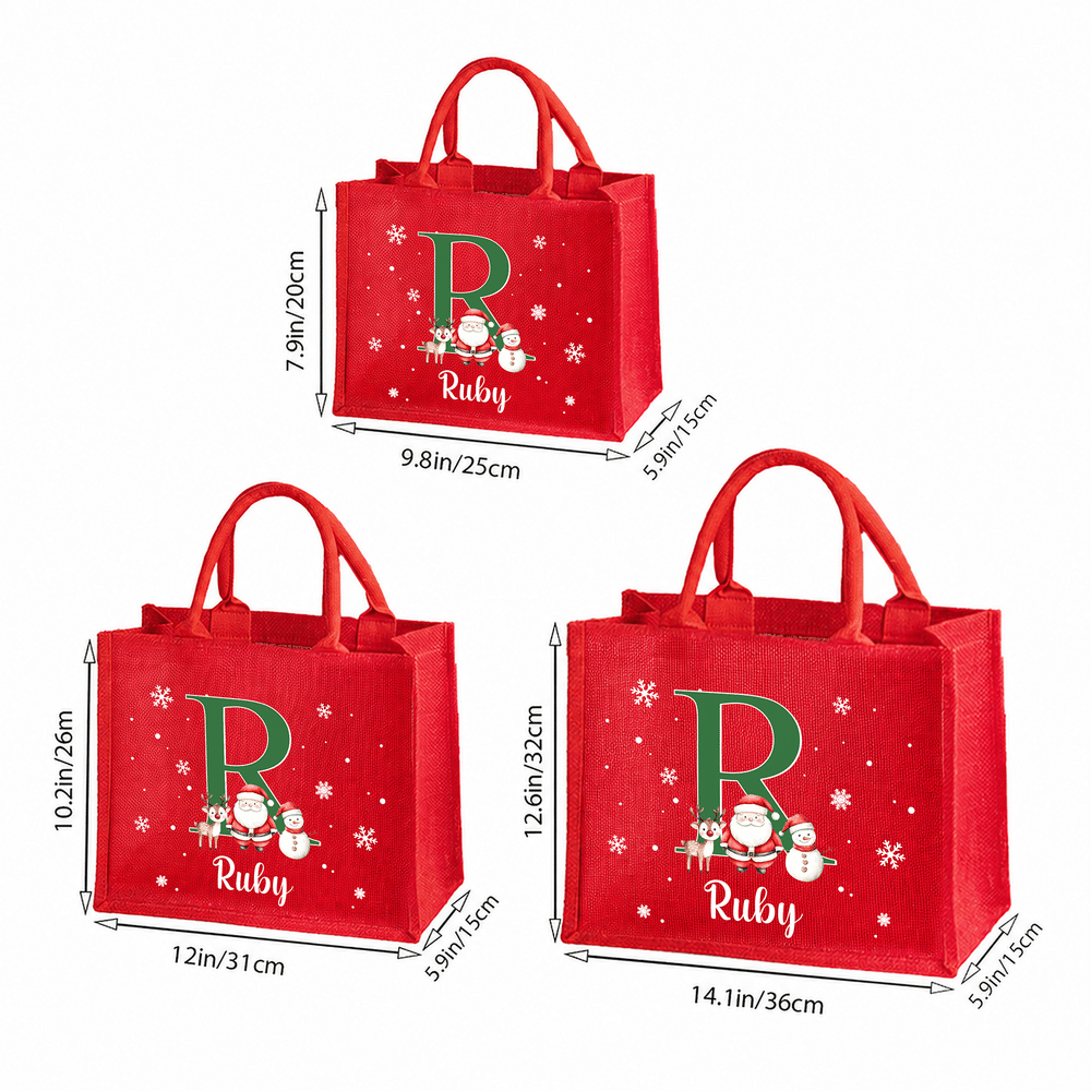 Bolso de lino rojo de gran capacidad con diseño personalizado de Papá Noel y un alce, con nombre e iniciales. Regalo para fiestas navideñas para niños, familiares y amigos. 6