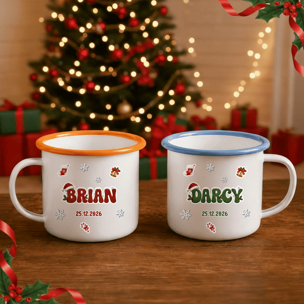Personalised Multicolour Santa Hat Glitter Letter 12 oz Enamel Mug with Name Daily Use Christmas Gift for Kids