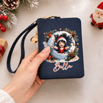 Personalized 3D-Effect Artwork Christmas Photo PU Leather Tri-Fold Wallet with Name and Wrist Strap Christmas Gift for Woman Mother