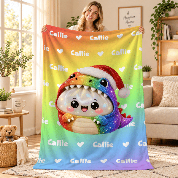 Personalised Multicolour Santa Hat Dinosaur Dumpling Soft Throw Blanket with Name Home Decor Christmas Birthday Gift for Kid Dinosaur Enthusiast