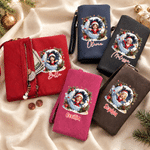 Personalized 3D-Effect Artwork Christmas Photo PU Leather Tri-Fold Wallet with Name and Wrist Strap Christmas Gift for Woman Mother