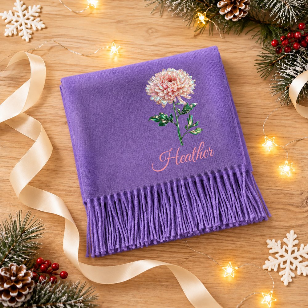 Gepersonaliseerde, veelkleurige sjaal/sjaaltje met geboortebloem, zachte, warme kwastjes en naam – accessoire voor dagelijks gebruik in de winter, kerst- of verjaardagscadeau voor vrouwen 2