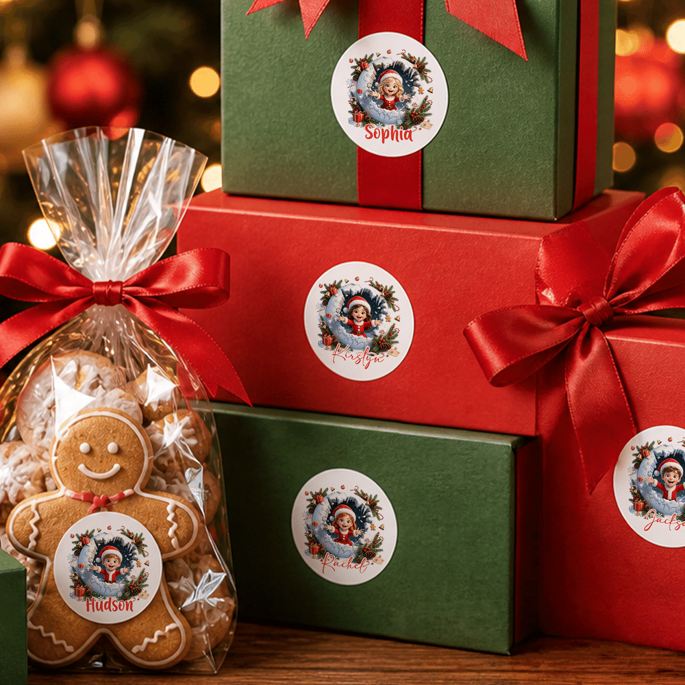 Pegatinas navideñas personalizadas con diseño artístico y efecto 3D, con nombre, para decoración de fiestas; regalo de Navidad para niños, familiares y amigos 7