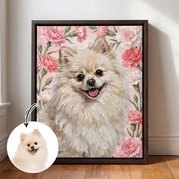 Tablesau sur toile personnalisé représentant votre animal de compagnie, réalisé dans le style d'une peinture à l'huile avec sa fleur de naissance et son nom – Décoration d'intérieur et cadeau d'anniversaire pour les propriétaires d'animaux de compagnie
