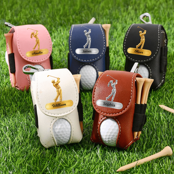Personalized Golfer Silhouette PU Leather Golf Ball Bag with Name Golf Club Birthday Gift for Golf Enthusiast
