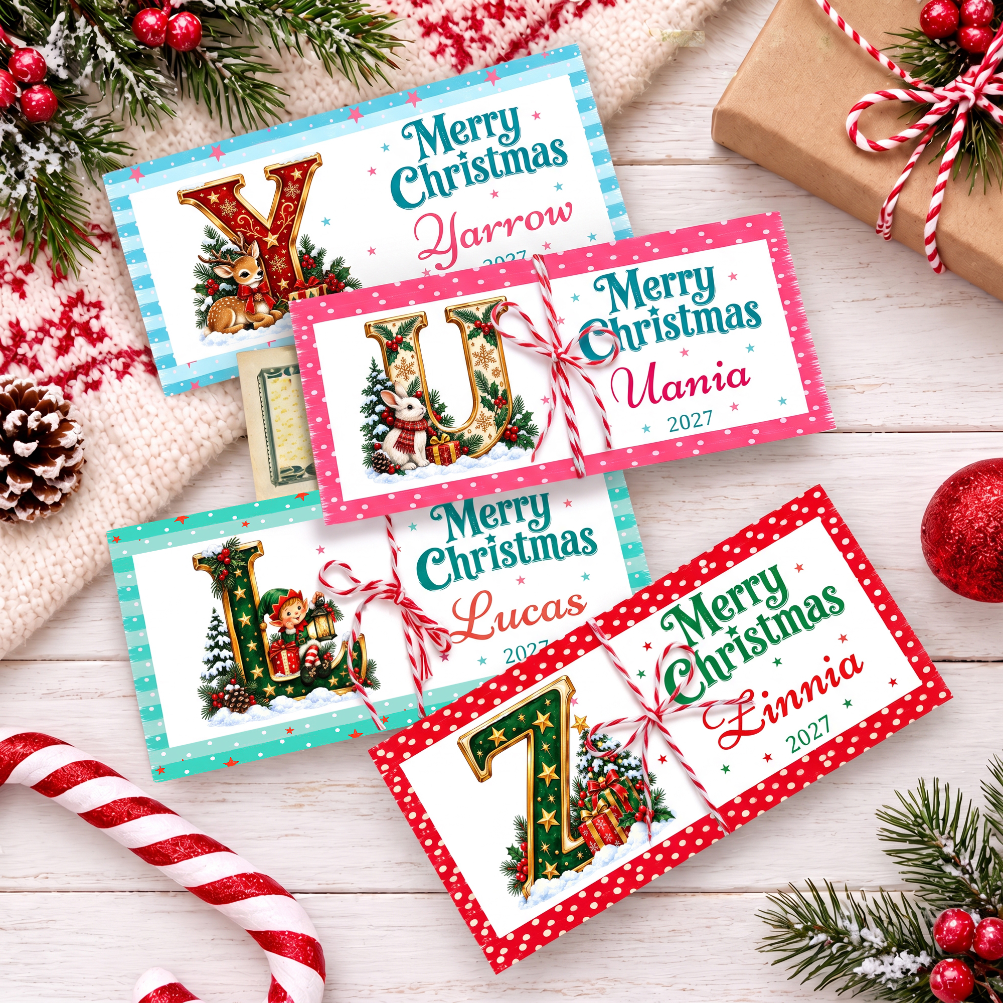 Personalisierte Weihnachtskarte mit Geldfach, Initialen, Namen und Jahreszahl sowie Umschlag – Weihnachtsgeschenk für Familie und Kinder