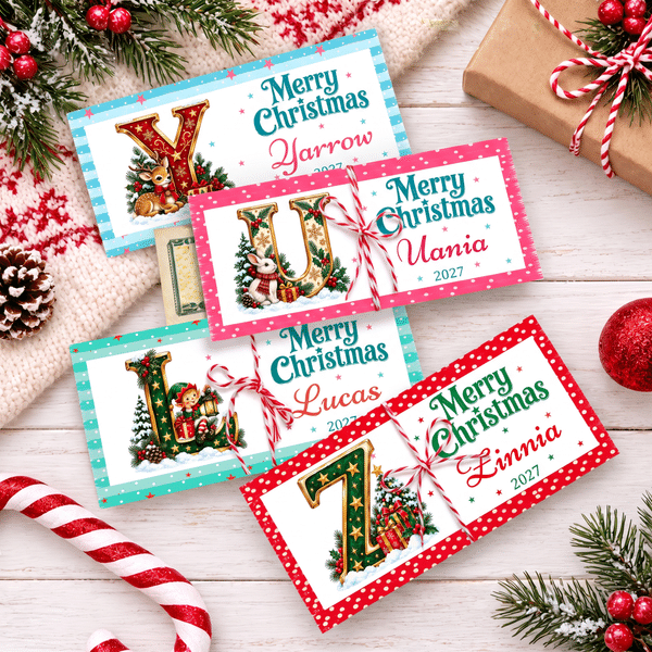 Personalized Christmas Elements Initial Money Holder Card Wallet with Name Year and Envelope Christmas Party Gift for Family Kids
