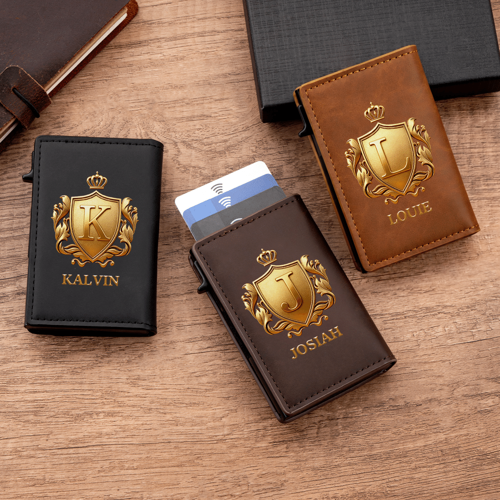 Personalized 3D-Effect Artwork Crown Shield PU Leather RFID Blocking Pop Up Wallet with Name and Card Slots Business Trip Christmas Gift for Man 2