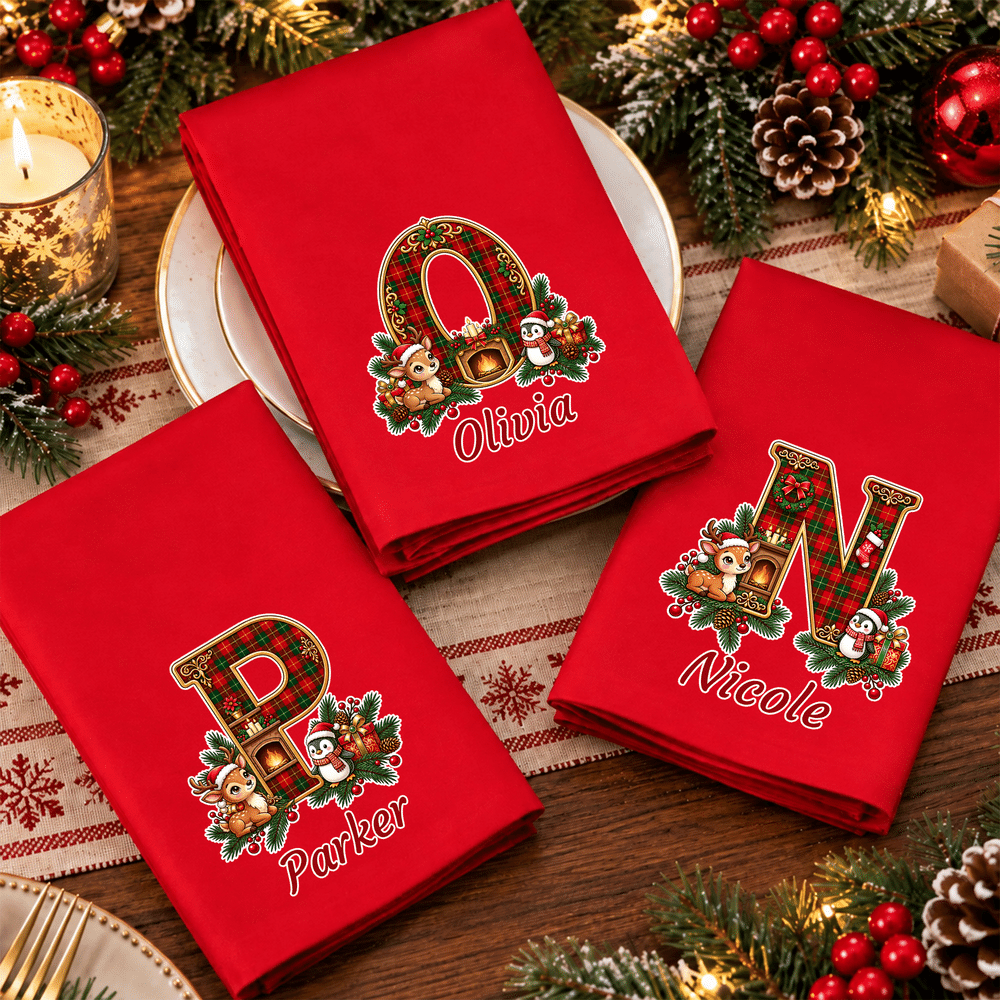 Tovagliolo rosso riutilizzabile personalizzato con iniziale “Elk Penguin” natalizio, 100% cotone, con nome – Decorazione da tavola – Regalo di Natale per la famiglia e gli amici 2