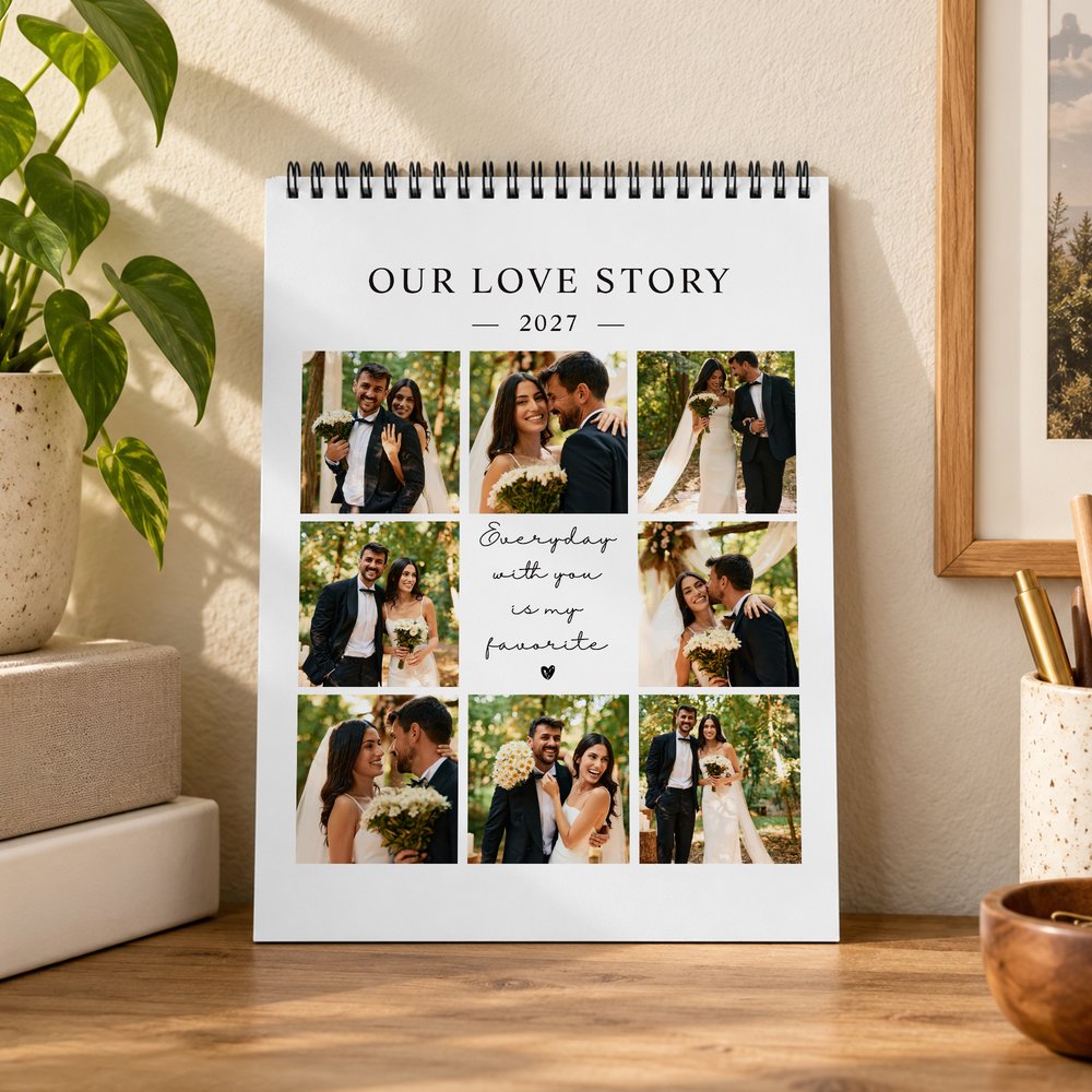 Calendario 2027-2028 con fotos familiares personalizadas y llenas de significado, con texto, para decorar el día a día; recuerdo ideal como regalo de Navidad o de cumpleaños para la familia y los recién casados 2