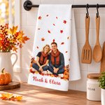Personalized Autumn Theme Watercolor Style Photo Super Absorbent Tea Towel with Name Thanksgiving Day Housewarming Gift for Family Friend