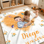 Individuell gestaltete, niedliche Kuscheldecke mit Cartoon-Figur und Geburtsblume, mit Namen – Wohnaccessoire, Geburtstags- und Weihnachtsgeschenk für Familie, Freunde und Kinder
