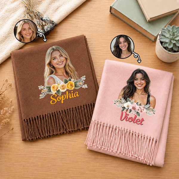 Personalized Multicolor Flower Photo Soft Warm Tassel Scarf Shawl with Name Winter Accessory Christmas Birthday Gift for Women