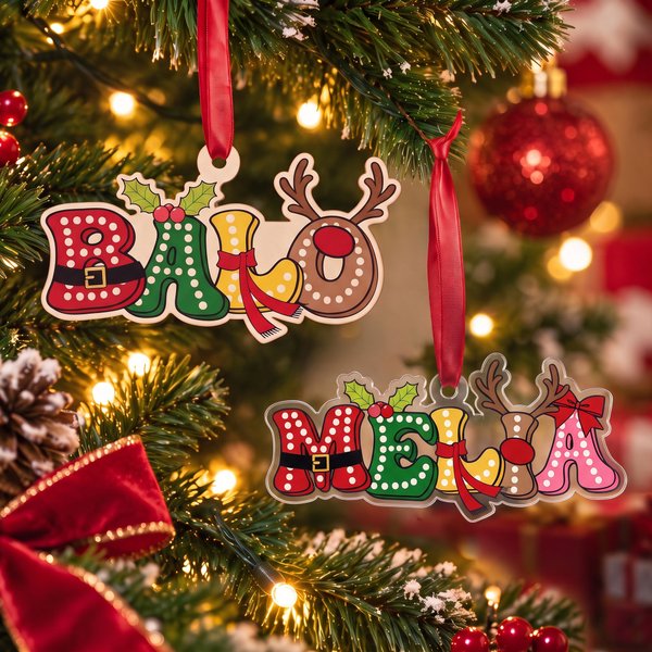 Décoration de Noël personnalisée en bois et acrylique sur le thème du Père Noël et des rennes, avec prénom, pour le sapin de Noël – Cadeau de Noël pour la famille et les enfants