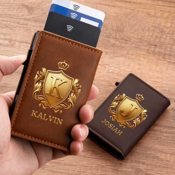 Personalized 3D-Effect Artwork Crown Shield PU Leather RFID Blocking Pop Up Wallet with Name and Card Slots Business Trip Christmas Gift for Man