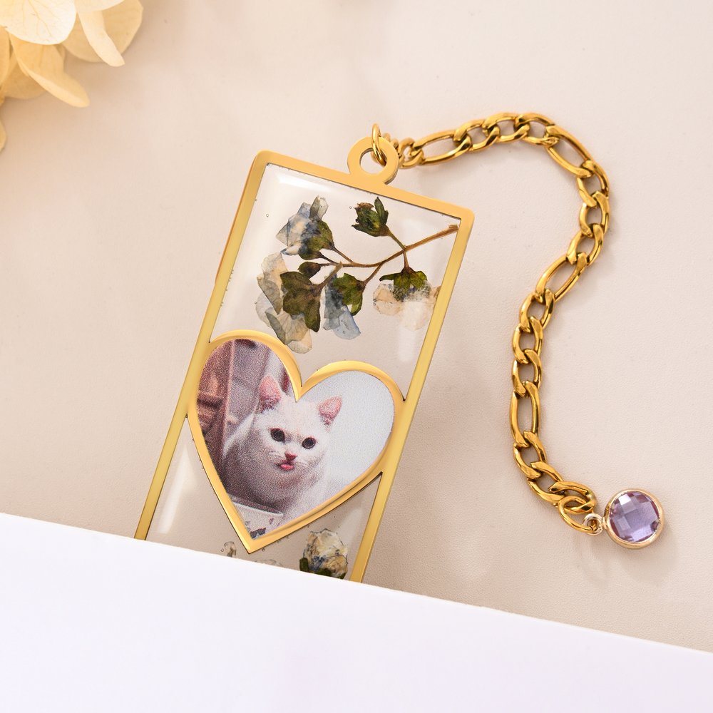Personalized 1-3 Heart Photos Dried Flower Resin Bookmark with Birthstone Daily Use Birthday Christmas Gift for Pet Owner Bookworm 7