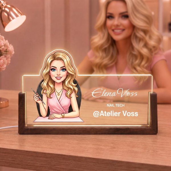 Veilleuse LED personnalisée avec photo d'un personnage de dessin animé représentant une technicienne en ongles, avec prénom et nom du salon – Décoration de table et cadeau de bienvenue pour les techniciennes en ongles