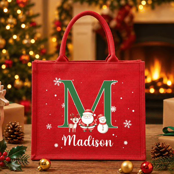 Bolso de lino rojo de gran capacidad con diseño personalizado de Papá Noel y un alce, con nombre e iniciales. Regalo para fiestas navideñas para niños, familiares y amigos.