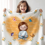 Individuell gestaltete, niedliche Kuscheldecke mit Cartoon-Figur und Geburtsblume, mit Namen – Wohnaccessoire, Geburtstags- und Weihnachtsgeschenk für Familie, Freunde und Kinder
