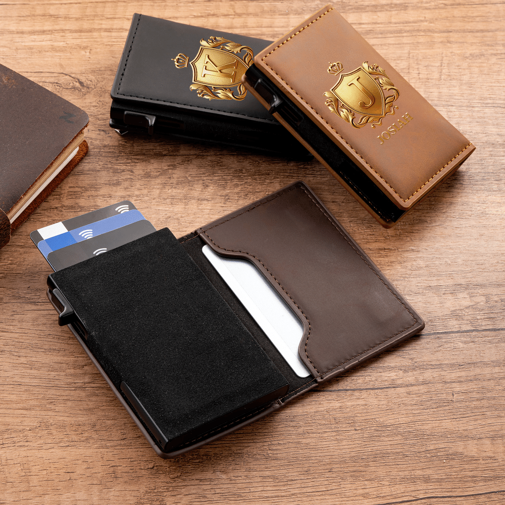 Personalized 3D-Effect Artwork Crown Shield PU Leather RFID Blocking Pop Up Wallet with Name and Card Slots Business Trip Christmas Gift for Man 3