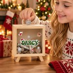 Personalised Christmas Theme Santa Hat Glitter Name Wooden Money Box Piggy Bank Christmas Gift for Boys Girls