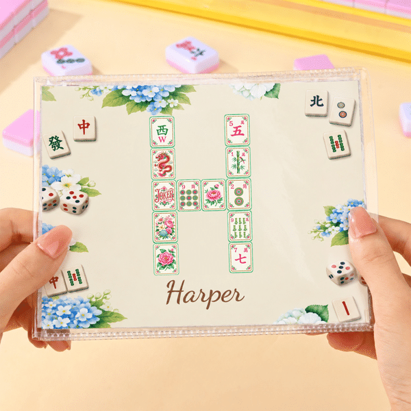 Personalised Mahjong Tiles Design Initial Tri-Folded Card Cover Sticker Set with Name Birthday Mahjong Night Gift for Mahjong Lovers