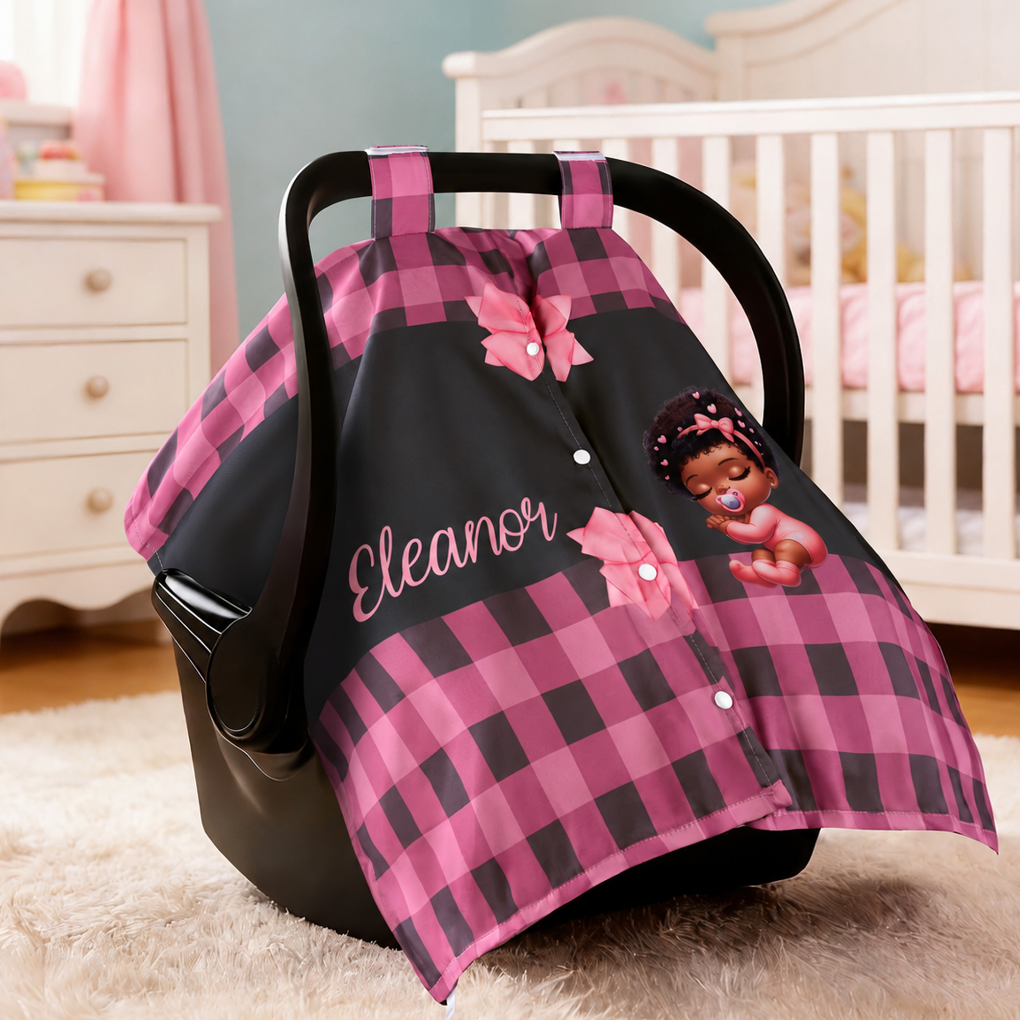 Personalisierte niedliche schwarze Baby Schleife karierten Baby Autositz Verdeck mit Namen Privatsphäre-schützende Outdoor-Zubehör Geburtstag Geschenk für Neugeborene Babies
