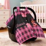 Personalised Cute Black Baby Bow Checkered Baby Car Seat Canopy with Name Privacy-Protective Outdoor Accessory Birthday Gift for Newborns Babies