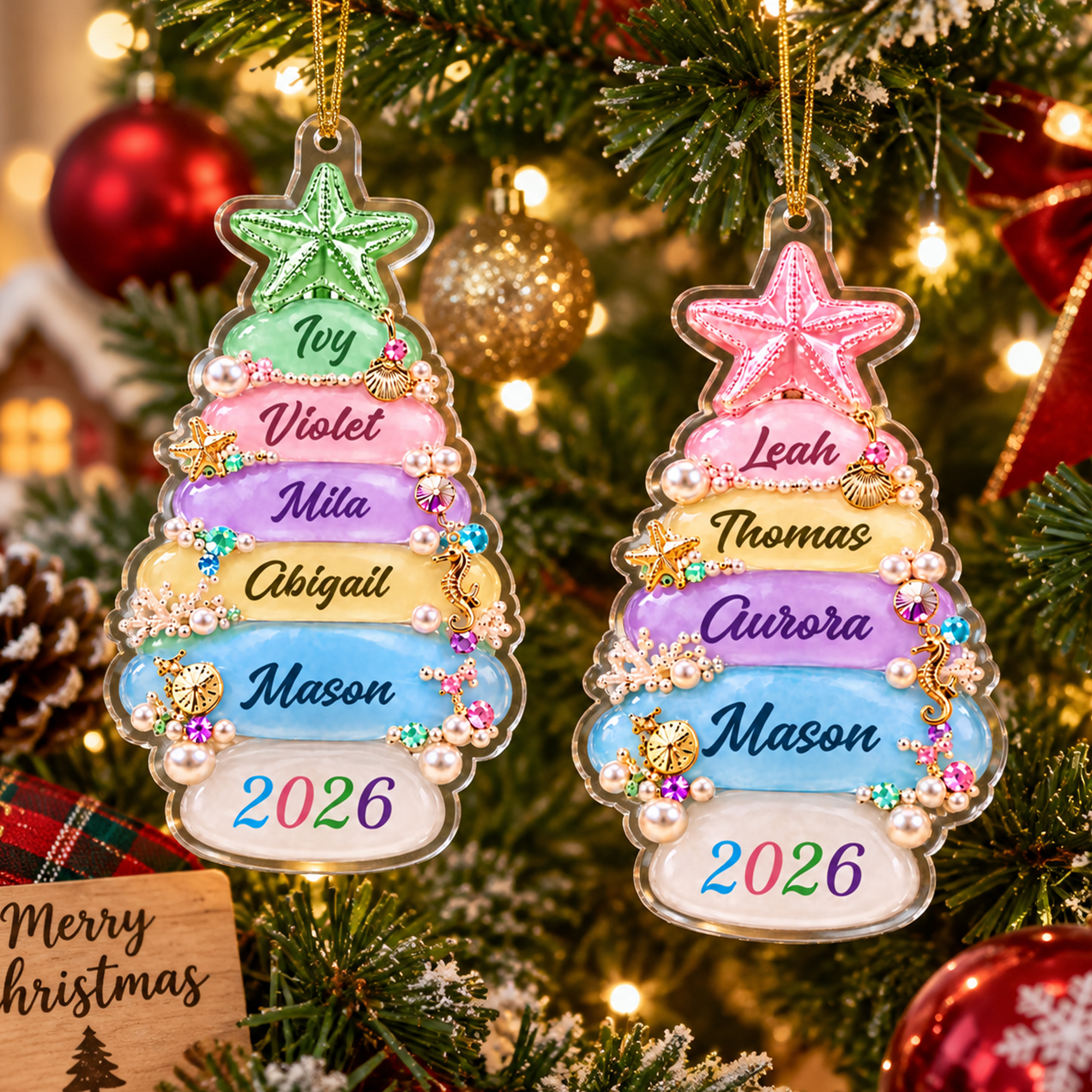 Personalised 3D-Effect Artwork 2-8 Names Christmas Tree Shape Ornament with Year Home Tree Decor Christmas Gift for Family Friends