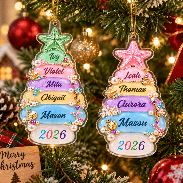 Personalised 3D-Effect Artwork 2-8 Names Christmas Tree Shape Ornament with Year Home Tree Decor Christmas Gift for Family Friends