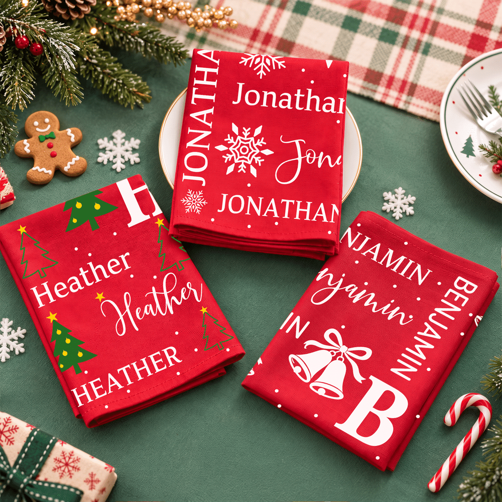 Personalized Christmas Theme Pattern 100% Cotton Reusable Red Napkin with Word Cloud Name Table Decor Christmas Gift for Family Friend 2
