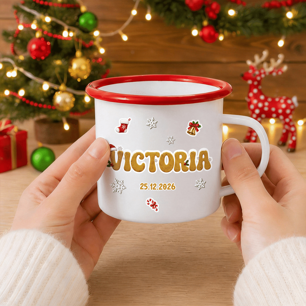 Personalised Multicolour Santa Hat Glitter Letter 12 oz Enamel Mug with Name Daily Use Christmas Gift for Kids 5