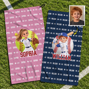 Toalla de secado rápido con diseño personalizado con efecto 3D, foto de deportes de pelota y nombre, con mosquetón. Accesorio deportivo. Regalo de cumpleaños para los aficionados a los deportes de pelota.