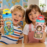 Botella térmica personalizada de 12 oz con foto infantil en estilo pixel art, con pajita y asa. Regalo para la vuelta al cole, cumpleaños o Navidad, para niños y niñas