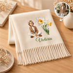 Sciarpa-scialle personalizzata con motivo artistico a effetto 3D, foto, fiore del mese di nascita e morbida nappa, con nome – Accessorio invernale, regalo di Natale o di compleanno per familiari e amici