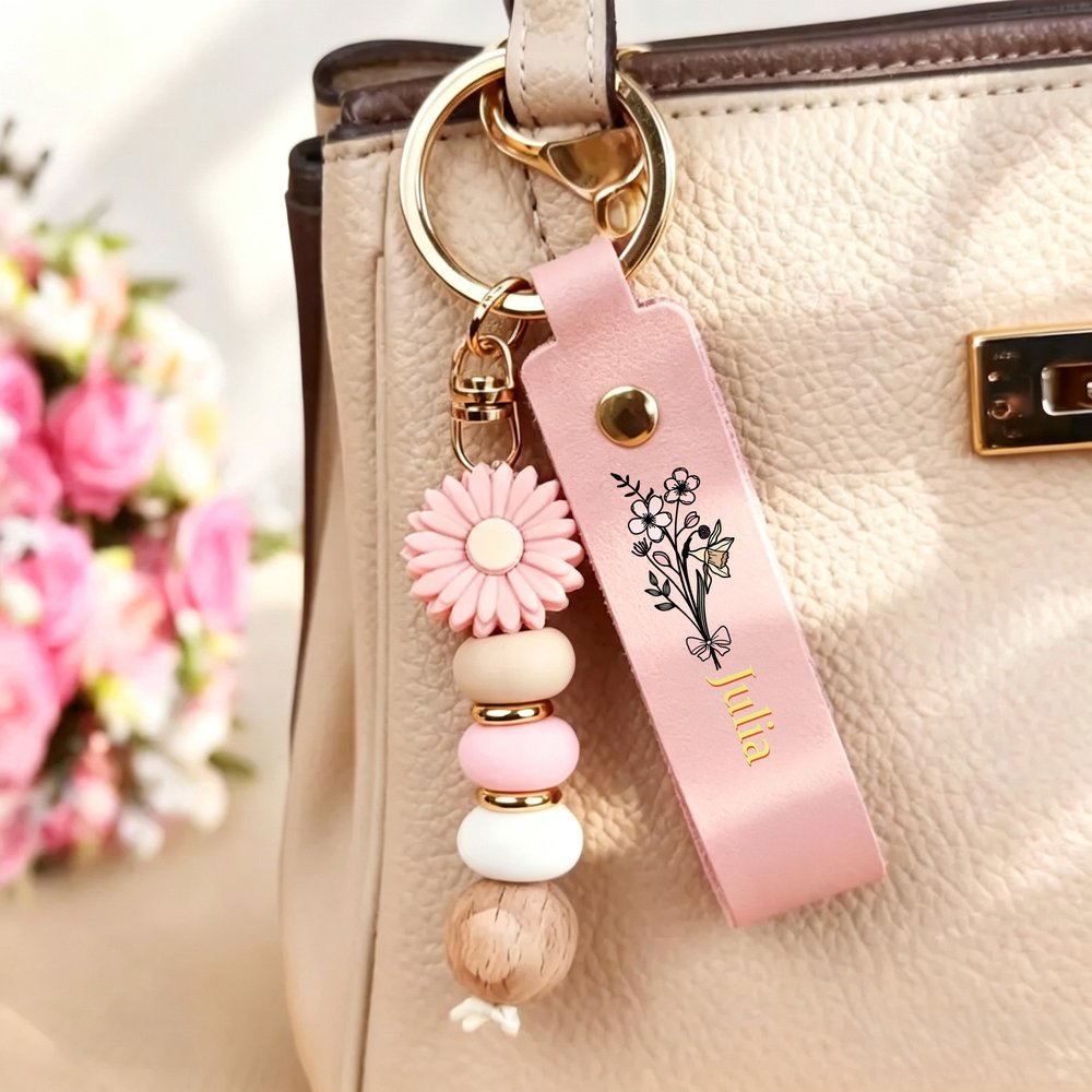 Personalised Birth Flower PU Leather Keyring with Name and Daisy Bead Charm Birthday Wedding Party Gift for Family Besties 6