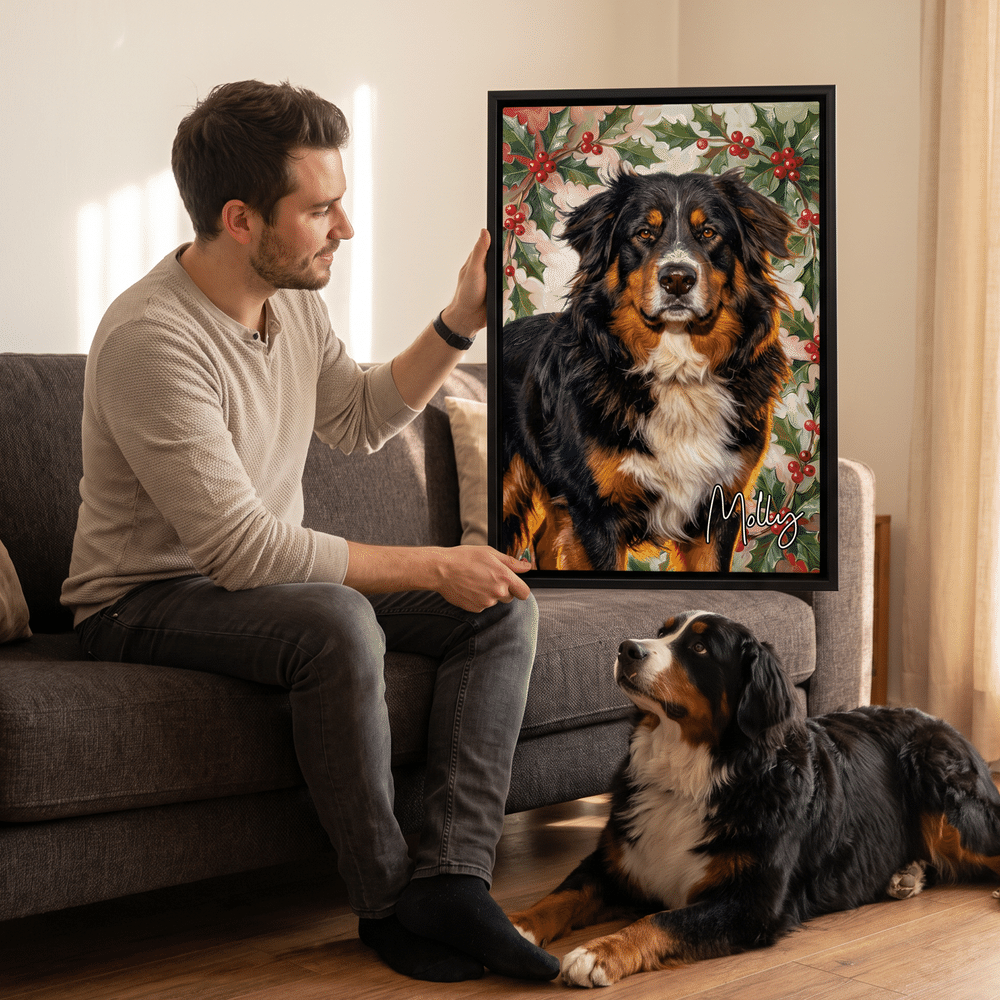 Tablesau sur toile personnalisé représentant votre animal de compagnie, réalisé dans le style d'une peinture à l'huile avec sa fleur de naissance et son nom – Décoration d'intérieur et cadeau d'anniversaire pour les propriétaires d'animaux de compagnie 6