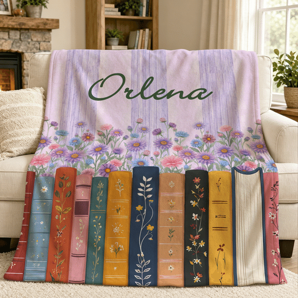 Personalized Birth Flower Book Soft Throw Blanket with Name Home Decor Birthday Gift for Bookworm