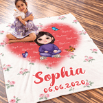 Individuell gestaltete, niedliche Kuscheldecke mit Cartoon-Figur und Geburtsblume, mit Namen – Wohnaccessoire, Geburtstags- und Weihnachtsgeschenk für Familie, Freunde und Kinder