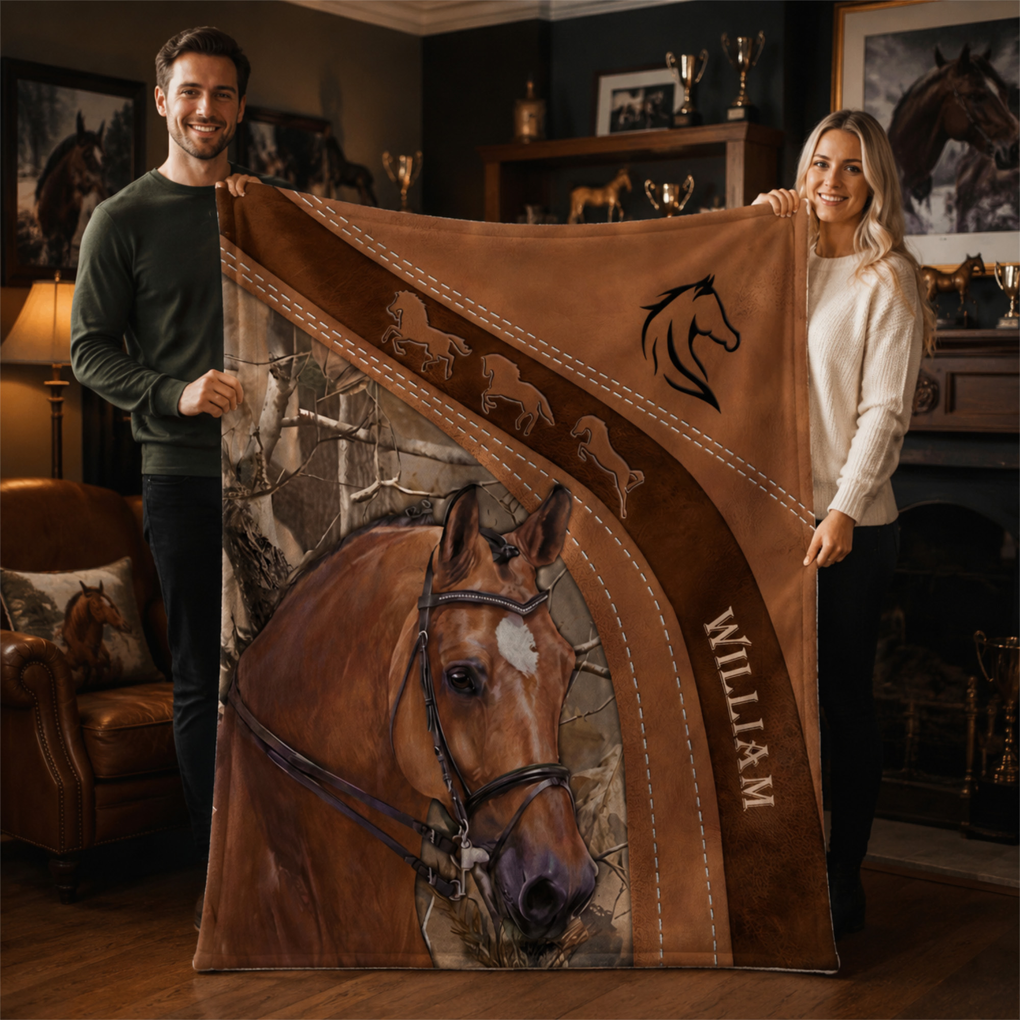 Individuell gestaltete, weiche Vintage-Cowboy-Decke im Western-Stil mit Pferdemotiv und Namenszug – Wohnzimmerdekoration, Geburtstags- und Weihnachtsgeschenk für Pferdeliebhaber, Pferdebesitzer und Freunde
