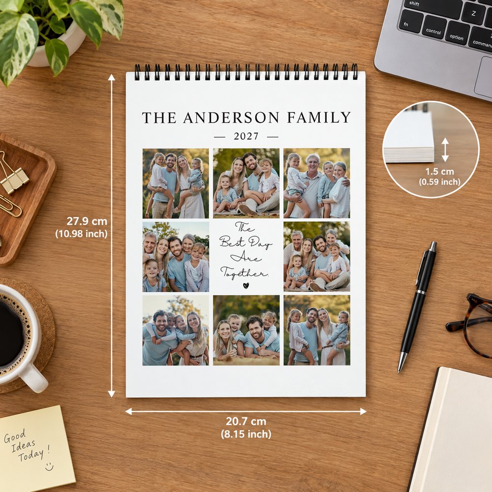 Calendario 2027-2028 con fotos familiares personalizadas y llenas de significado, con texto, para decorar el día a día; recuerdo ideal como regalo de Navidad o de cumpleaños para la familia y los recién casados 8