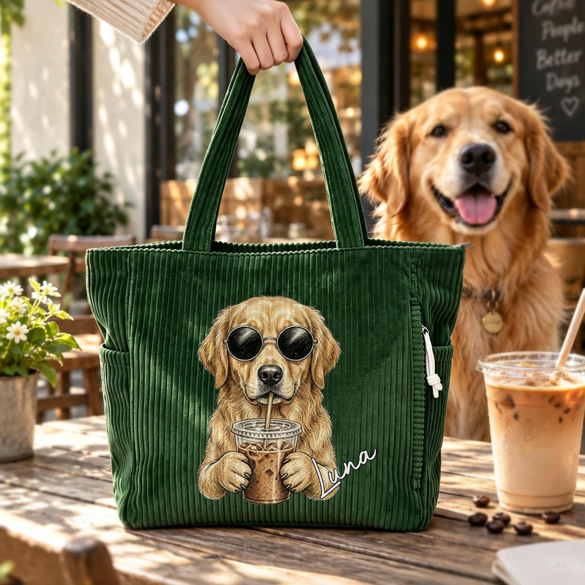 Personalisierte, lustige Tote-Bag aus Cord mit Kaffee-Motiv und Haustierporträt sowie Namen – für den täglichen Gebrauch, als Geburtstagsgeschenk für Freunde, Haustierbesitzer und Tierliebhaber