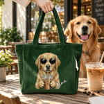 Personalized Funny Pet Portrait Coffee Pattern Corduroy Tote Bag with Name Daily Use Birthday Gift for Friends Pet Owner Lover
