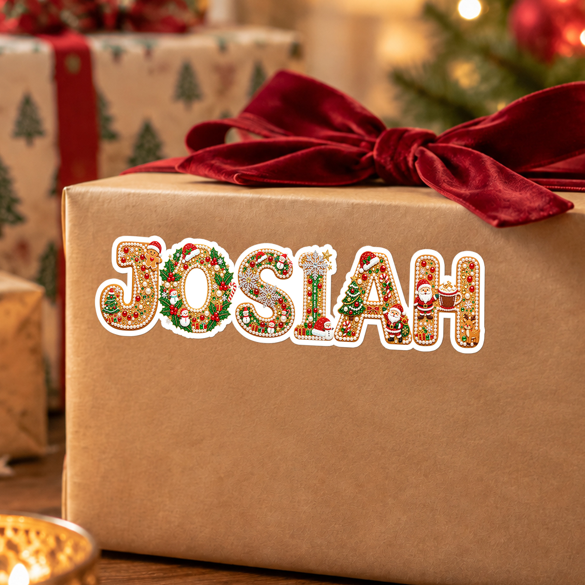 Individuell gestaltete, wasserfeste Weihnachtsaufkleber im Lebkuchen-Design mit Perlen und Strasssteinen, mit Namen – Geschenkdekoration, Weihnachtsgeschenk für Freunde und Familie