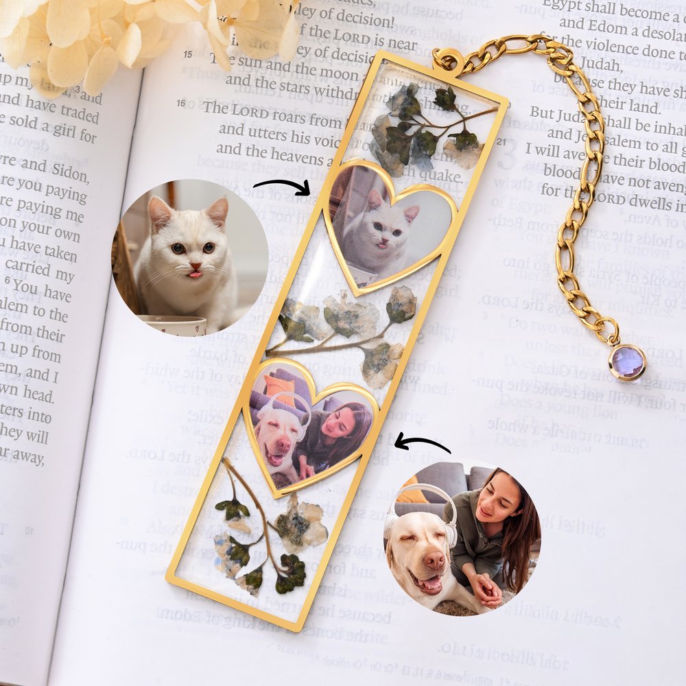 Personalized 1-3 Heart Photos Dried Flower Resin Bookmark with Birthstone Daily Use Birthday Christmas Gift for Pet Owner Bookworm 3