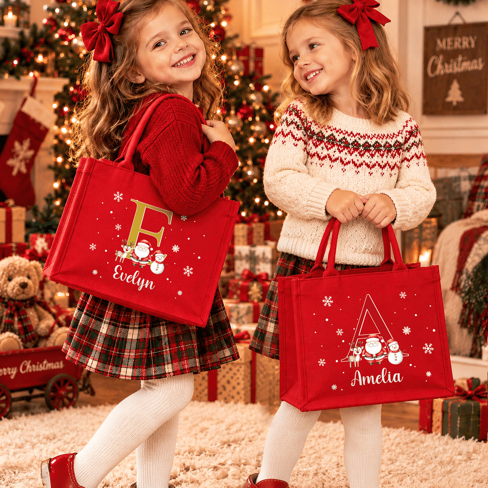 Bolso de lino rojo de gran capacidad con diseño personalizado de Papá Noel y un alce, con nombre e iniciales. Regalo para fiestas navideñas para niños, familiares y amigos. 3