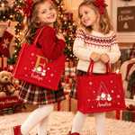 Bolso de lino rojo de gran capacidad con diseño personalizado de Papá Noel y un alce, con nombre e iniciales. Regalo para fiestas navideñas para niños, familiares y amigos. 3