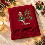 Sciarpa-scialle personalizzata con motivo artistico a effetto 3D, foto, fiore del mese di nascita e morbida nappa, con nome – Accessorio invernale, regalo di Natale o di compleanno per familiari e amici